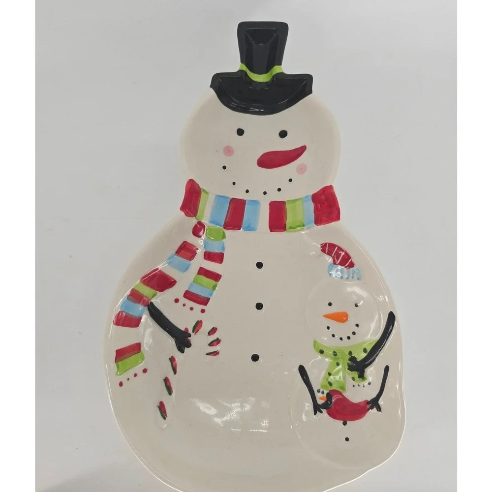 Vintage Snowman Serving Platter Cardinal Christmas Ceramic Dish 15 Inch
